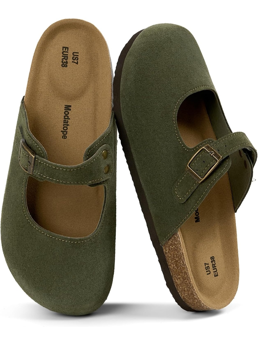 🆕 Women Green Suede Mary Jane Clogs Cork Footbed Slip On Buckle Strap Mules
